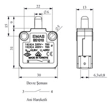 Load image into Gallery viewer, EMAS BS1010 snap action 1NO button basic switch - technical drawing with dimensions (mm)