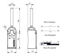Load image into Gallery viewer, EMAS L51K13ROP101 L51 metal body limit switch with 9mm plastic rod lever - technical drawing with dimensions (mm)