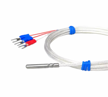Load image into Gallery viewer, A multi-lead temperature or resistance probe cable with a silver metal probe, white braided wire, blue and red wire connectors, and blue cable ties, shown on a white background.
