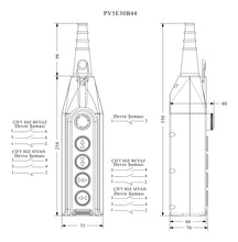 Load image into Gallery viewer, EMAS PV5E30B44 5 hole two-speed crane pendant station with emergency stop - technical drawing with dimensions (mm)