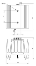 Load image into Gallery viewer, EMAS SSS5X 100x100mm DIN rail heat sink for solid state relays - technical drawing with dimensions (mm)