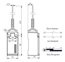 Load image into Gallery viewer, EMAS L51K13SOM101 L51 metal body limit switch with 2mm metal spike spring lever - technical drawing with dimensions (mm)
