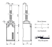 Load image into Gallery viewer, EMAS L51K13SOM102 L51 metal body limit switch with 7mm metal blunt spring lever - technical drawing with dimensions (mm)
