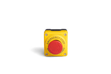 Load image into Gallery viewer, EMAS P1EC400E40L yellow-black single hole emergency stop control station with illuminated LED label - alternative view
