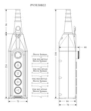 Load image into Gallery viewer, EMAS PV5E30B22 5 hole single-speed crane pendant station with emergency stop - technical drawing with dimensions (mm)
