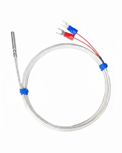 Load image into Gallery viewer, A coiled stainless steel probe cable with a metal probe tip, red and blue wire leads, and blue wire ties, shown on a plain white background.
